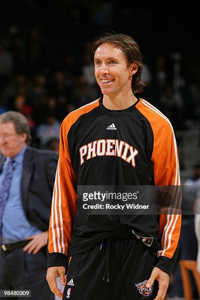 Steve Nash of the Phoenix Suns looks on with a smile during the game against the Golden State Warriors at Oracle Arena on March 22, 2010 in Oakland,...