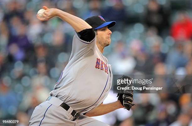 Starting pitcher John Maine of the New York Mets delivers against the Colorado Rockies during Major League Baseball action at Coors Field on April...