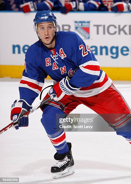 Ryan Callahan of the New York Rangers skates against the Philadelphia Flyers in the first period on April 9, 2010 at Madison Square Garden in New...