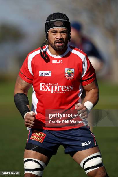 Jordan Taufua of Tasman warms up during the Mitre 10 Cup trial match between Counties Manukau and Tasman at Mountford Park on June 27, 2018 in...
