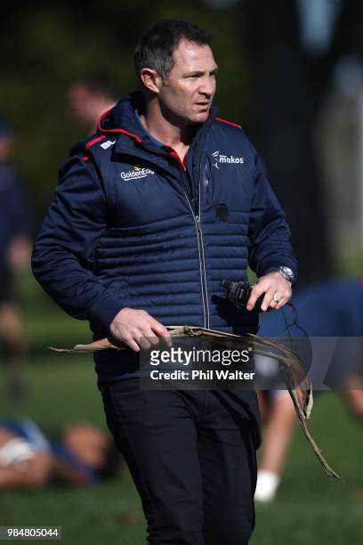 Tasman coach Leon MacDonald during the Mitre 10 Cup trial match between Counties Manukau and Tasman at Mountford Park on June 27, 2018 in Auckland,...