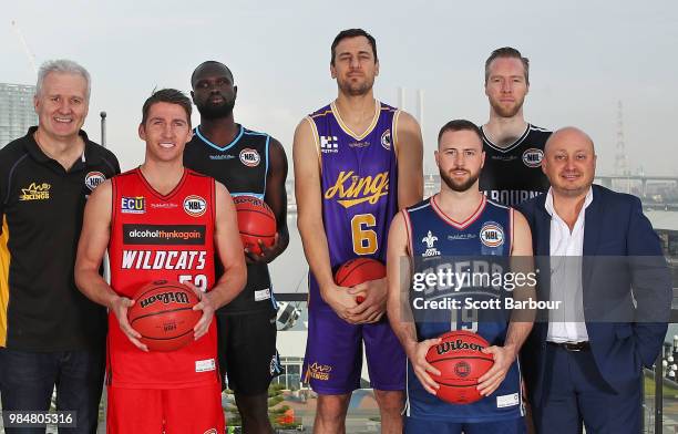 Andrew Gaze, coach of the Sydney Kings; Damian Martin of the Perth Wildcats; Majok Majok of the New Zealand Breakers; Andrew Bogut of the Sydney...