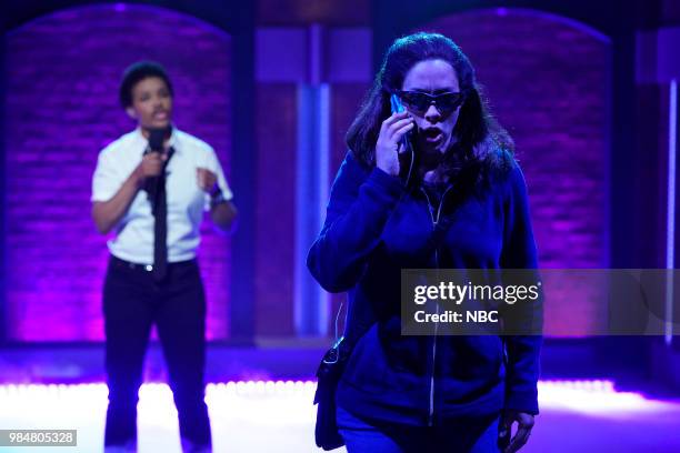 Episode 703 -- Pictured: Writer, Amber Ruffin and Jenny Hagel during the "Somebody's Watching Me" sketch on June 26, 2018 --