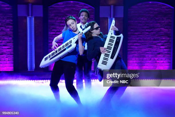 Episode 703 -- Pictured: Writer Ally Hord, Amber Ruffin and Jenny Hagel during the "Somebody's Watching Me" sketch on June 26, 2018 --