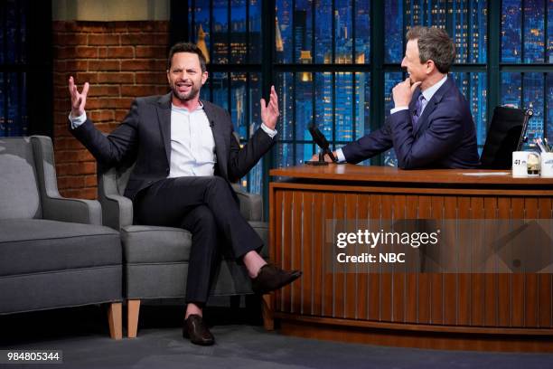 Episode 703 -- Pictured: Comedian Nick Kroll during an interview with host Seth Meyers on June 26, 2018 --