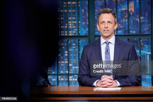 Episode 703 -- Pictured: Host Seth Meyers delievers his monolgue from his desk on June 26, 2018 --