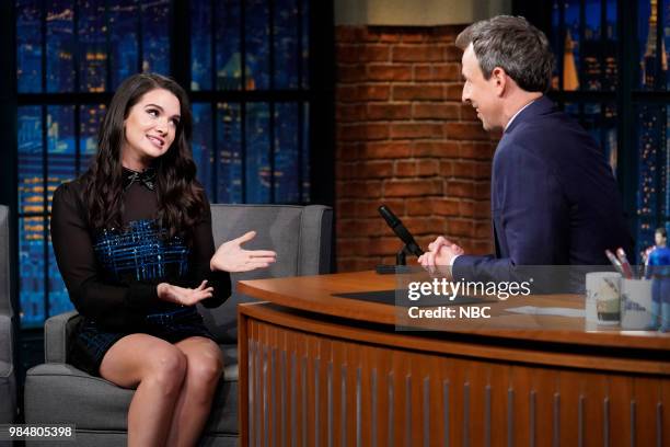 Episode 703 -- Pictured: Actress Katie Stevens during an interview with host Seth Meyers on June 26, 2018 --