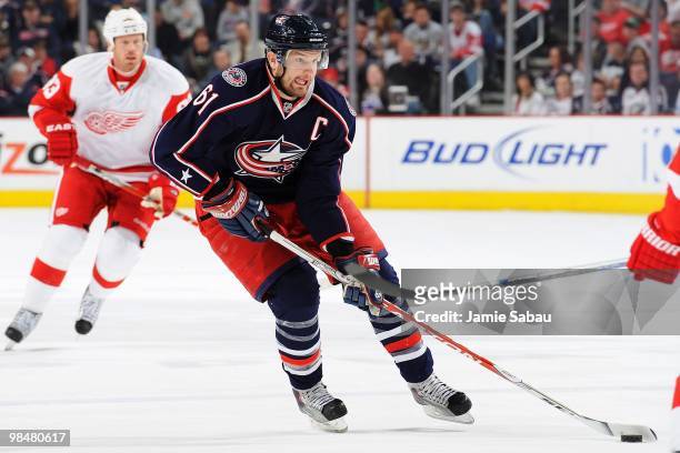 Forward Rick Nash of the Columbus Blue Jackets skates with the puck against the Detroit Red Wings on April 9, 2010 at Nationwide Arena in Columbus,...