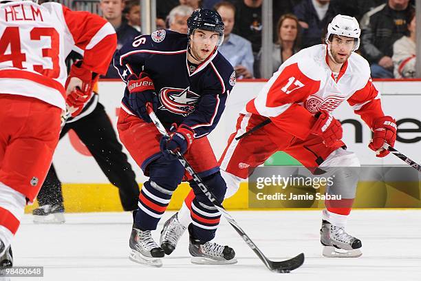 Forward Derick Brassard of the Columbus Blue Jackets skates with the puck against the Detroit Red Wings on April 9, 2010 at Nationwide Arena in...