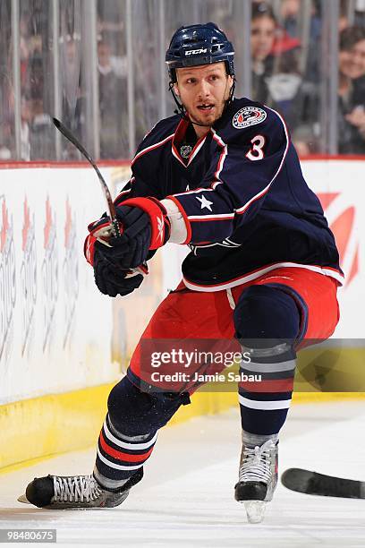 Defenseman Marc Methot of the Columbus Blue Jackets skates against the Detroit Red Wings on April 9, 2010 at Nationwide Arena in Columbus, Ohio.