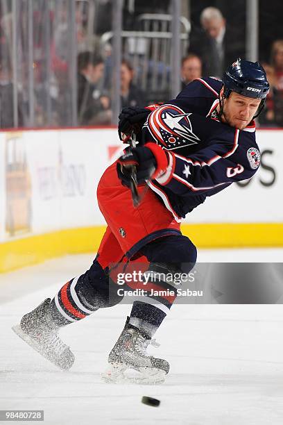 Defenseman Marc Methot of the Columbus Blue Jackets skates with the puck against the Detroit Red Wings on April 9, 2010 at Nationwide Arena in...