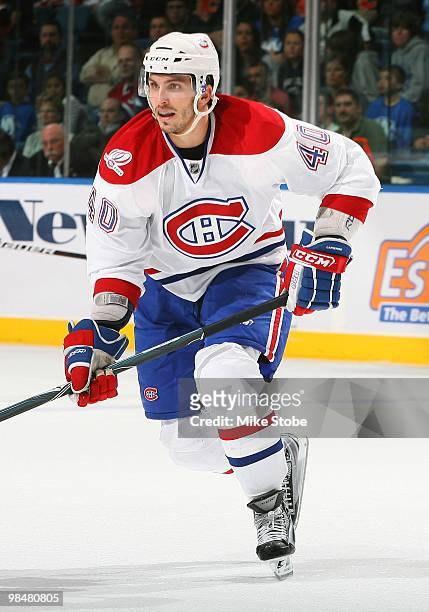 Maxim Lapierre of the Montreal Canadiens skates against the New York Islanders on April 6, 2010 at Nassau Coliseum in Uniondale, New York. Islanders...