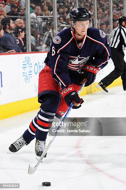 Defenseman Anton Stralman of the Columbus Blue Jackets skates with the puck against the Detroit Red Wings on April 9, 2010 at Nationwide Arena in...