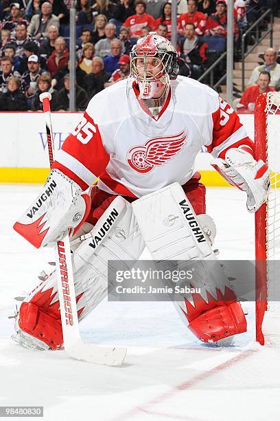 Goaltender Jimmy Howard of the Detroit Red Wings guards the net against the Columbus Blue Jackets on April 9, 2010 at Nationwide Arena in Columbus,...