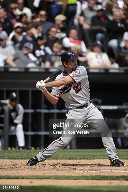 Hardy of the Minnesota Twins bats against the Chicago White Sox on April 10, 2010 at U.S. Cellular Field in Chicago, Illinois. The Twins defeated the...