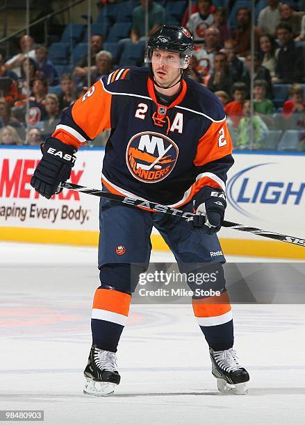 Mark Streit of the New York Islanders skates against the Montreal Canadiens on April 6, 2010 at Nassau Coliseum in Uniondale, New York. Islanders...