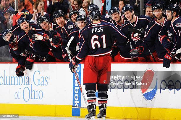 Forward Rick Nash of the Columbus Blue Jackets is congratulated by his teammates after scoring a shoot out goal against the Detroit Red Wings on...