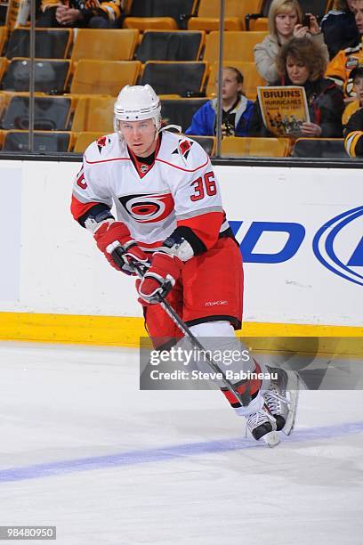 Jussi Jokinen of the Carolina Hurricanes skates the ice during the game against the Boston Bruins at the TD Garden on April 10, 2010 in Boston,...