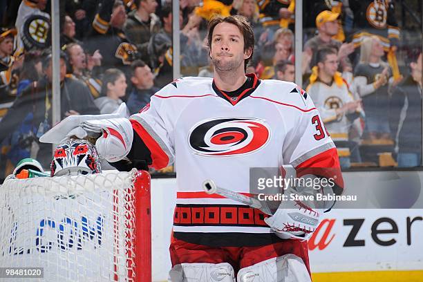 Cam Ward of the Carolina Hurricanes gets ready for the game against the Boston Bruins at the TD Garden on April 10, 2010 in Boston, Massachusetts.