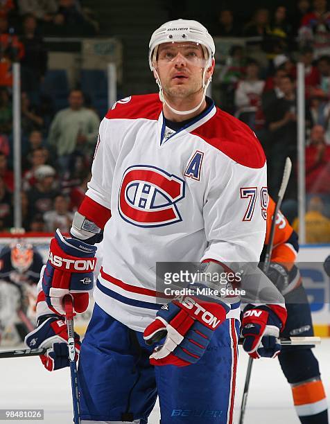 Andrei Markov of the Montreal Canadiens skates against the New York Islanders on April 6, 2010 at Nassau Coliseum in Uniondale, New York. Islanders...