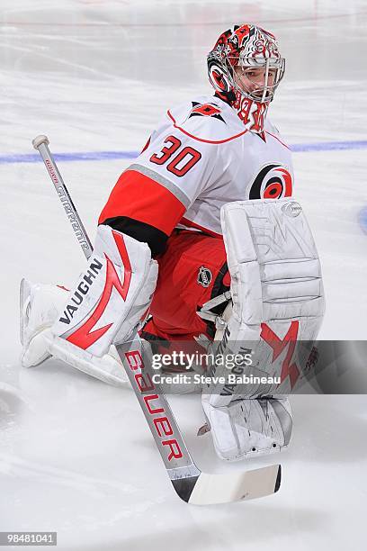 Cam Ward of the Carolina Hurricanes stretches before the game against the Boston Bruins at the TD Garden on April 10, 2010 in Boston, Massachusetts.