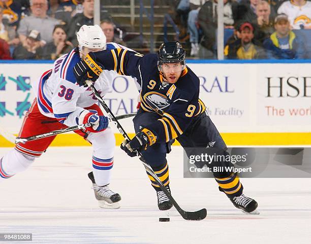 Derek Roy of the Buffalo Sabres skates against the New York Rangers on April 6, 2010 at HSBC Arena in Buffalo, New York.