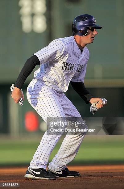 Brad Hawpe of the Colorado Rockies leads off of second base after his first inning two RBI double that scored Troy Tulowitzki and Todd Helton against...