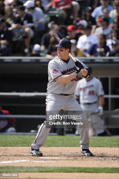 Justin Morneau of the Minnesota Twins bats against the Chicago White Sox on April 10, 2010 at U.S. Cellular Field in Chicago, Illinois. The Twins...