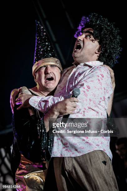Mangoni and Elio of Elio e le Storie Tese perform on stage at CarroPonte on June 26, 2018 in Milan, Italy.