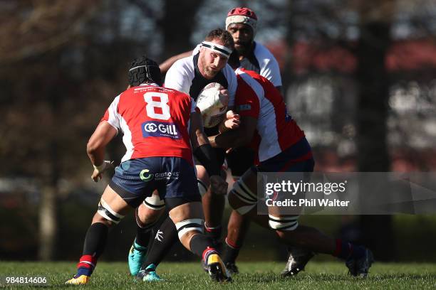 Kieran Read of Counties is tackled during the Mitre 10 Cup trial match between Counties Manukau and Tasman at Mountford Park on June 27, 2018 in...