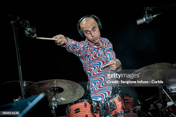 Christian Meyer of Elio e le Storie Tese performs on stage at CarroPonte on June 26, 2018 in Milan, Italy.