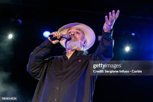 Eugenio Finardi performs on stage with Elio e le Storie Tese at CarroPonte on June 26, 2018 in Milan, Italy.