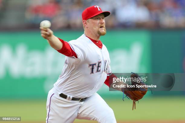 Texas Rangers Pitcher Austin Bibens-Dirkx throws a pitch during the game between the San Diego Padres and Texas Rangers on June 26, 2018 at Globe...