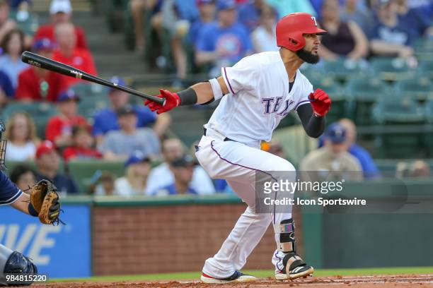 Texas Rangers Right field Nomar Mazara hits a single during the game between the San Diego Padres and Texas Rangers on June 26, 2018 at Globe Life...