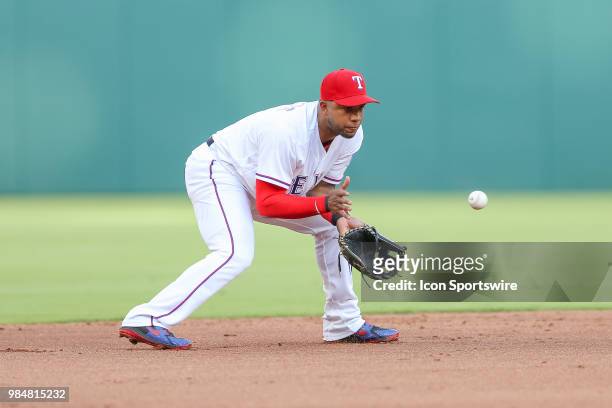 Texas Rangers Shortstop Elvis Andrus makes a play on a ground ball during the game between the San Diego Padres and Texas Rangers on June 26, 2018 at...