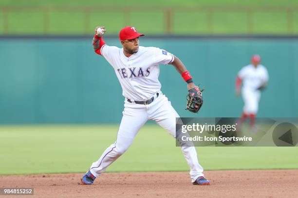 Texas Rangers Shortstop Elvis Andrus makes a play on a ground ball during the game between the San Diego Padres and Texas Rangers on June 26, 2018 at...