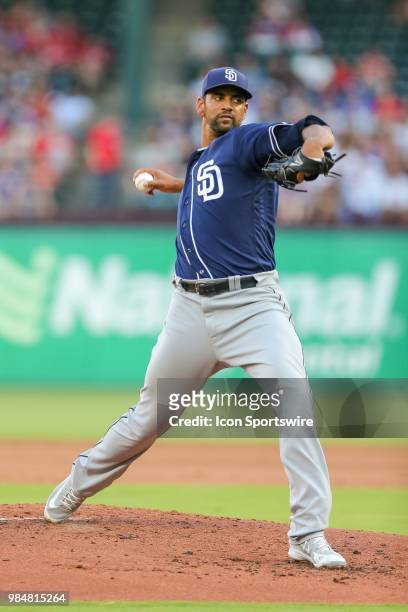San Diego Padres Pitcher Tyson Ross throws a pitch during the game between the San Diego Padres and Texas Rangers on June 26, 2018 at Globe Life Park...