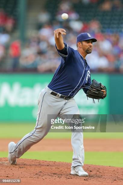 San Diego Padres Pitcher Tyson Ross throws a pitch during the game between the San Diego Padres and Texas Rangers on June 26, 2018 at Globe Life Park...