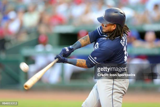 San Diego Padres Shortstop Freddy Galvis bats during the game between the San Diego Padres and Texas Rangers on June 26, 2018 at Globe Life Park in...