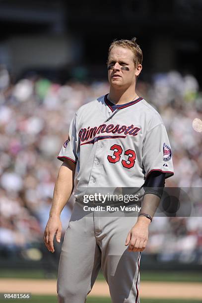 Justin Morneau of the Minnesota Twins looks on against the Chicago White Sox on April 10, 2010 at U.S. Cellular Field in Chicago, Illinois. The Twins...