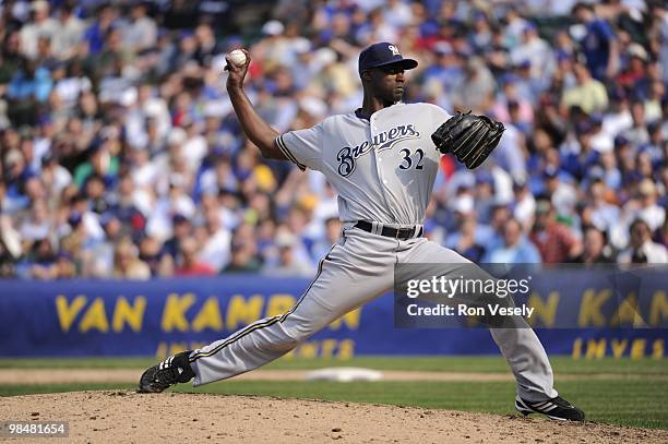 LaTroy Hawkins of the Milwaukee Brewers pitches against the Chicago Cubs on April 14, 2010 at Wrigley Field in Chicago, Illinois. The Cubs defeated...