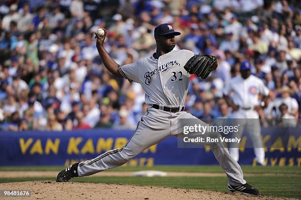 LaTroy Hawkins of the Milwaukee Brewers pitches against the Chicago Cubs on April 14, 2010 at Wrigley Field in Chicago, Illinois. The Cubs defeated...