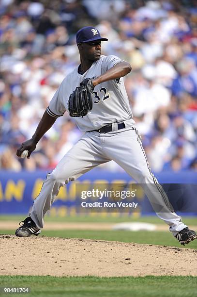 LaTroy Hawkins of the Milwaukee Brewers pitches against the Chicago Cubs on April 14, 2010 at Wrigley Field in Chicago, Illinois. The Cubs defeated...