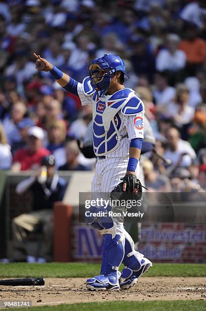 Geovany Soto of the Chicago Cubs catches against the Milwaukee Brewers on April 14, 2010 at Wrigley Field in Chicago, Illinois. The Cubs defeated the...