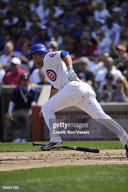 Ryan Theriot of the Chicago Cubs bats against the Milwaukee Brewers on April 14, 2010 at Wrigley Field in Chicago, Illinois. The Cubs defeated the...