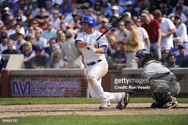 Ryan Theriot of the Chicago Cubs bats against the Milwaukee Brewers on April 14, 2010 at Wrigley Field in Chicago, Illinois. The Cubs defeated the...
