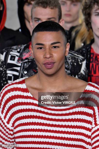 Olivier Rousteing walks the runway during the Balmain Menswear Spring/Summer 2019 fashion show as part of Paris Fashion Week on June 24, 2018 in...