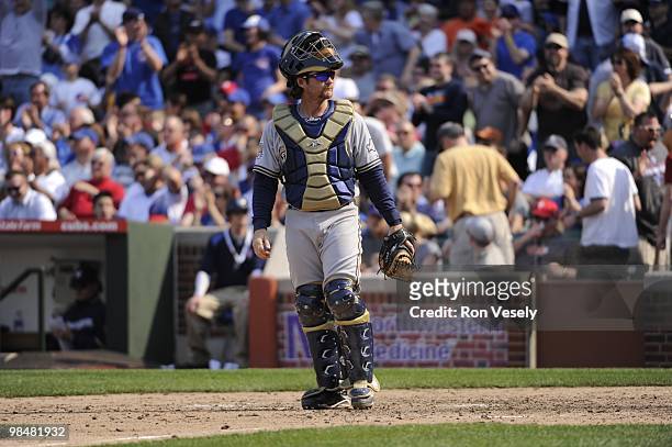 Gregg Zaun of the Milwaukee Brewers looks on against the Chicago Cubs on April 14, 2010 at Wrigley Field in Chicago, Illinois. The Cubs defeated the...
