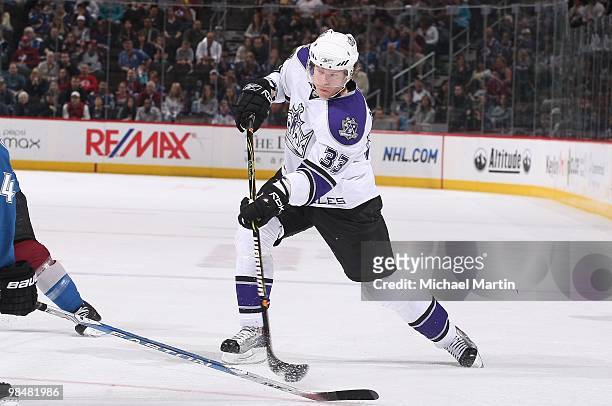 Fredrik Modin of the Los Angeles Kings skates against the Colorado Avalanche at the Pepsi Center on April 11, 2010 in Denver, Colorado. The Los...