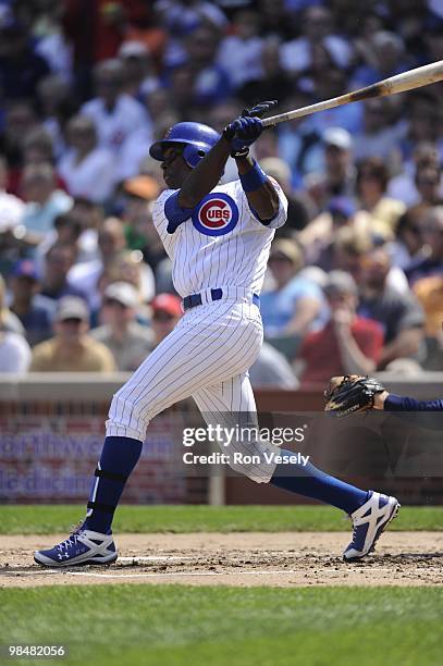 Alfonso Soriano of the Chicago Cubs bats during the game against the Milwaukee Brewers on April 14, 2010 at Wrigley Field in Chicago, Illinois. The...